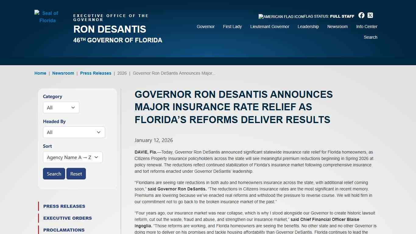 Governor Ron DeSantis Announces Major Insurance Rate Relief as Florida’s Reforms Deliver Results Executive Office of the Governor